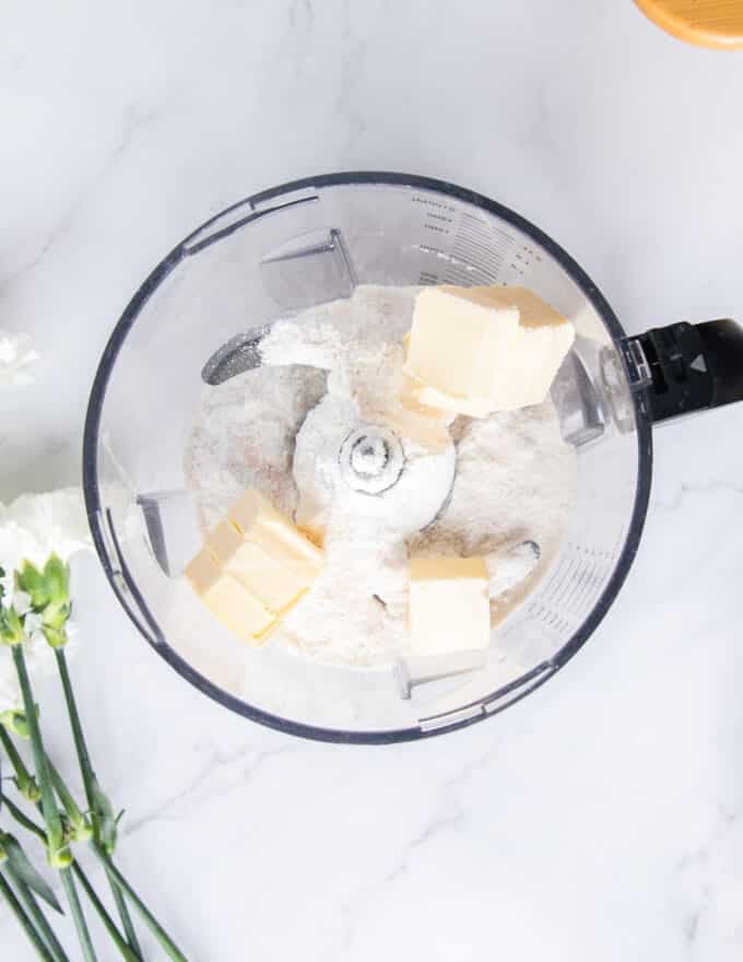 dry ingredients mixed in a food processor and ready for the butter