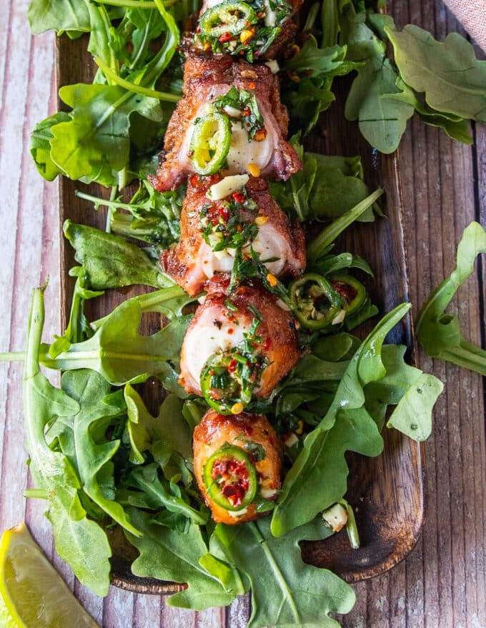 Close up of fried octopus crispy and tender