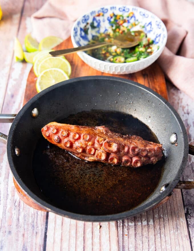 golden octopus fried in a pan