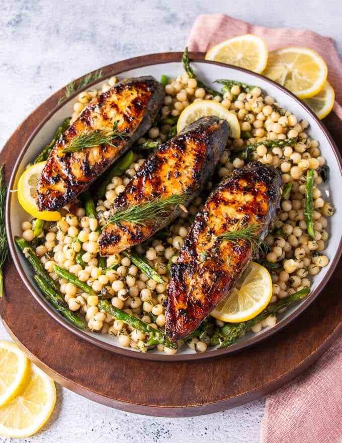 Perfectly grilled king mackerel fish on a plate 