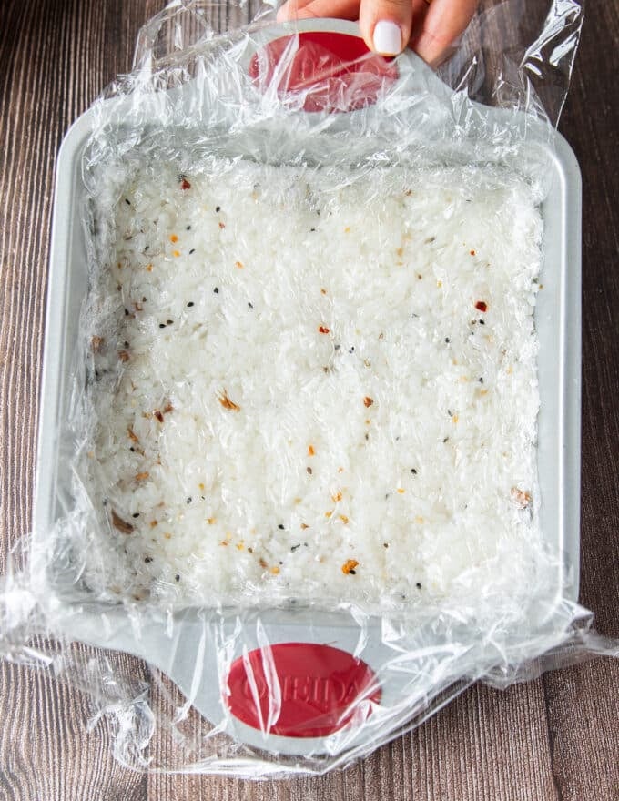 Sushi rice pressed into a mold 