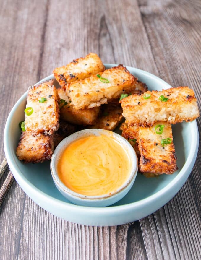 crispy rice squares with spicy mayo dip