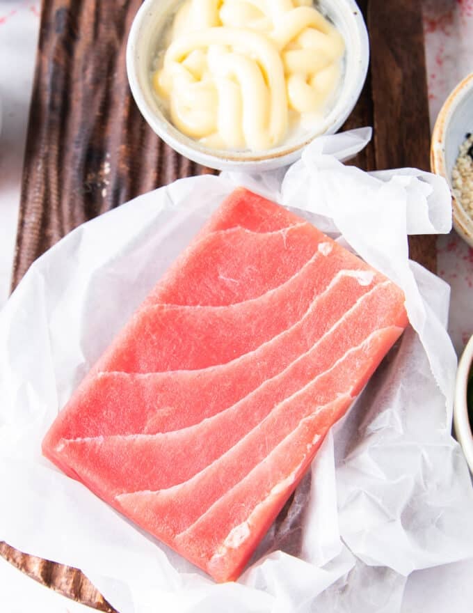 fresh sushi grade tuna on a paper