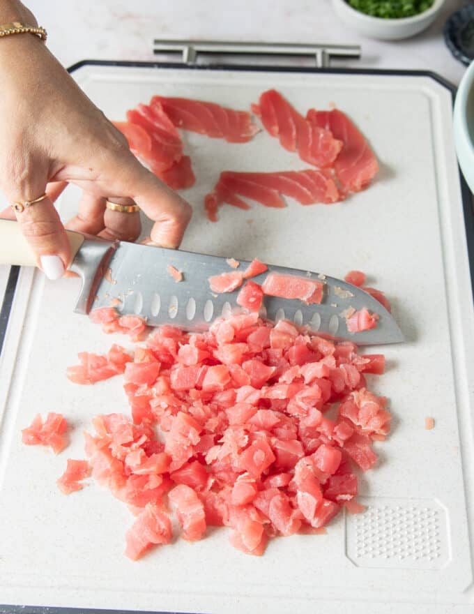 fresh sushi grade tuna finely chopped using a knife