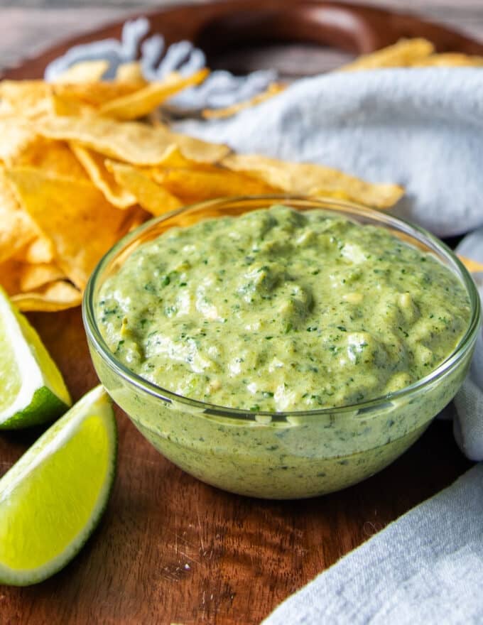 close up of a bowl of poblano sauce