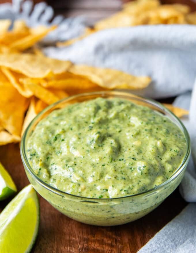 a bowl of poblano sauce close up