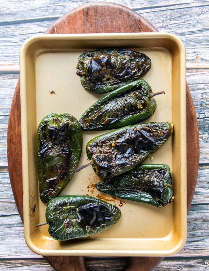 charred poblanos after roasting