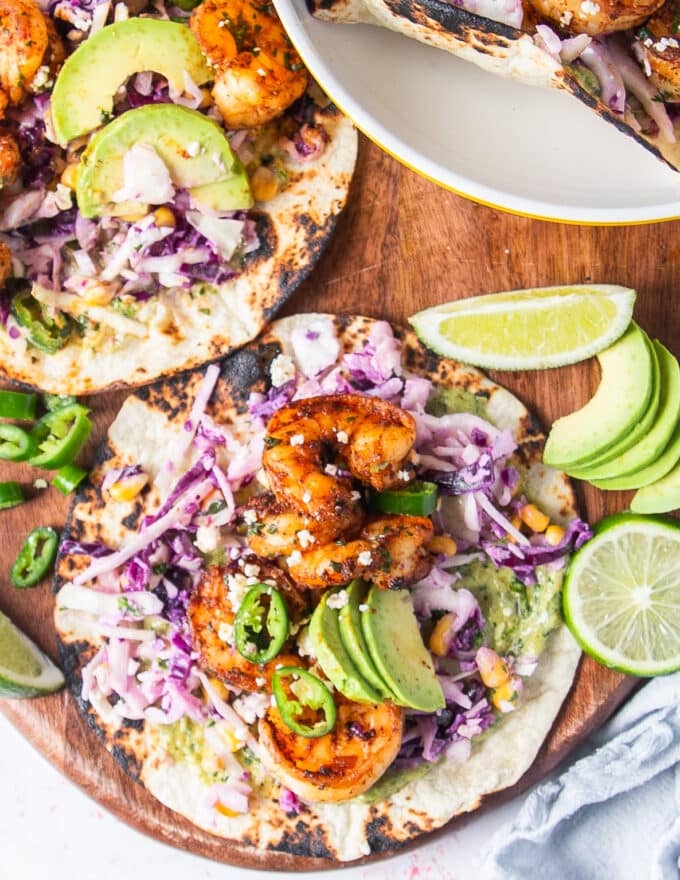 Top view of a fully assembled shrimp taco ready to eat