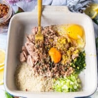 All the tuna burger patty recipe ingredients are added to a bowl such as egg, panko, mustard, herbs, green onions and more