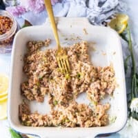 Tuna patty recipe mixture blended together in a bowl and ready to shape