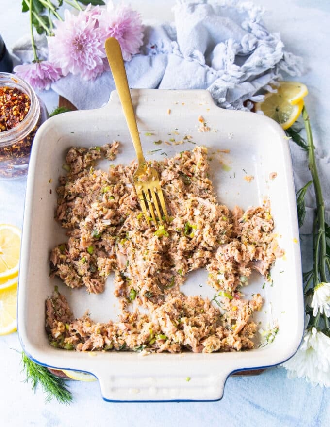 Tuna patty recipe mixture blended together in a bowl and ready to shape