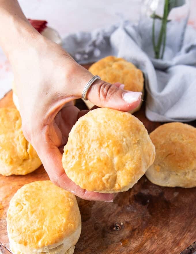 A hand holding a biscuit close up