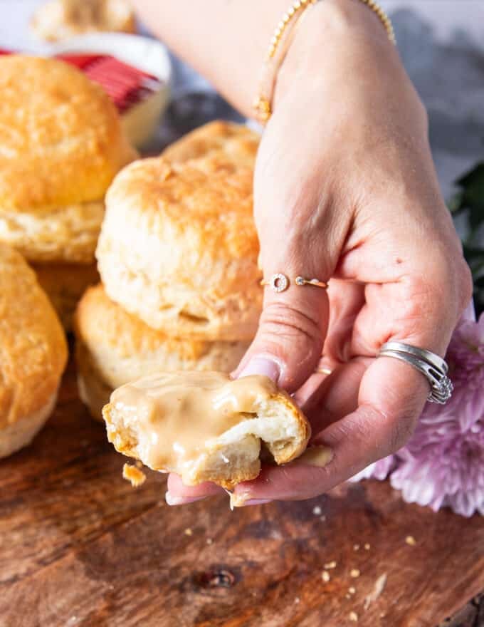 whipped honey and creamed honey served over air fryer biscuits