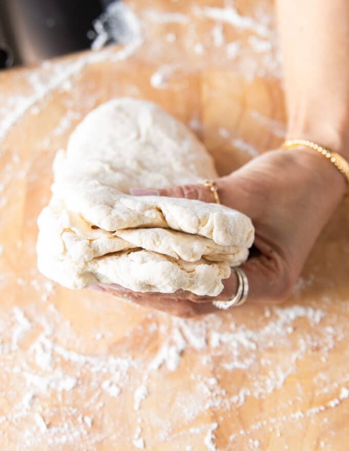 The layered dough stacked on top and now the dough is ready to roll