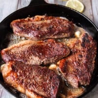 golden crust on the flipped steak continue to cook