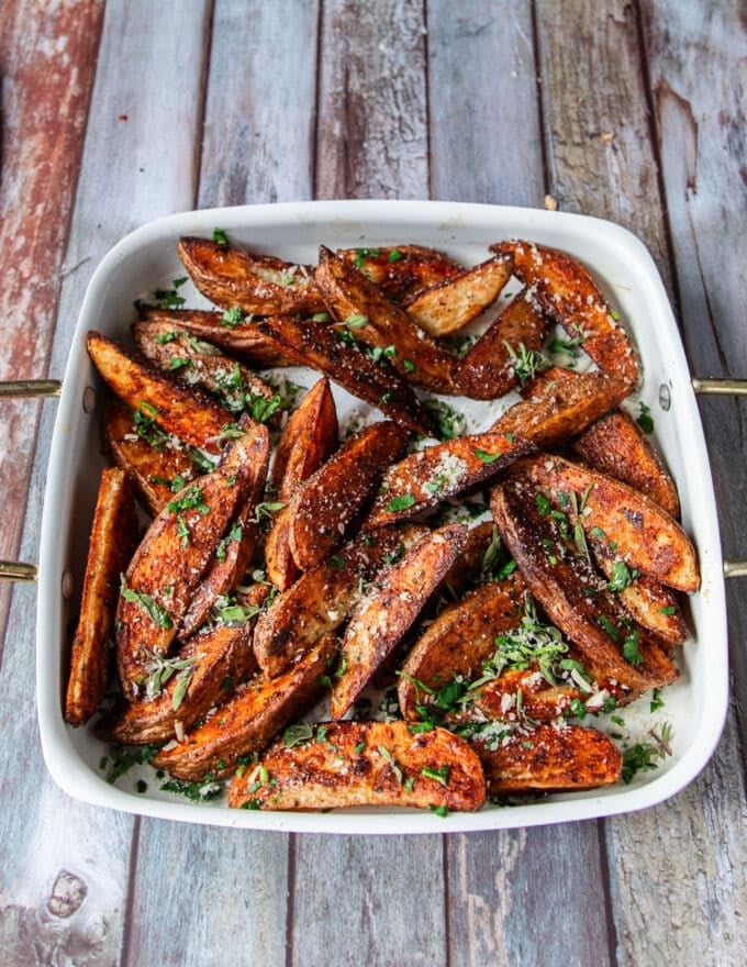 side view of perfect air fryer potato wedges