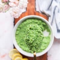 A spoon holding a close up of broccoli pesto