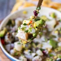 A spoonful of scallop ceviche close up showing the pieces of scallops, avocado, onion, cilantro, chilies in the lime and lemon and orange juices