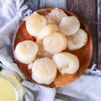 A hand holding a plate of cleaned scallops, patting dry