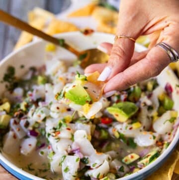 A hand holding a piece of tortilla scooping scallop ceviche