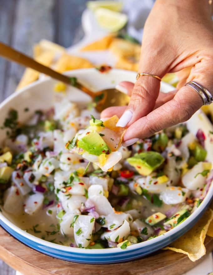 A hand holding a piece of tortilla scooping scallop ceviche